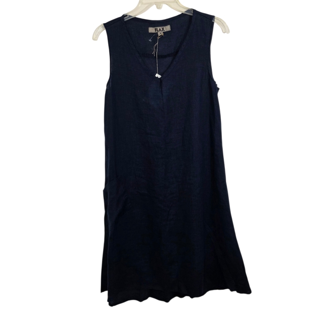 NWT FLAX Linen Dress V-Neck Navy Blue Sleeveless Asymmetrical Pocket Size 4 - 6